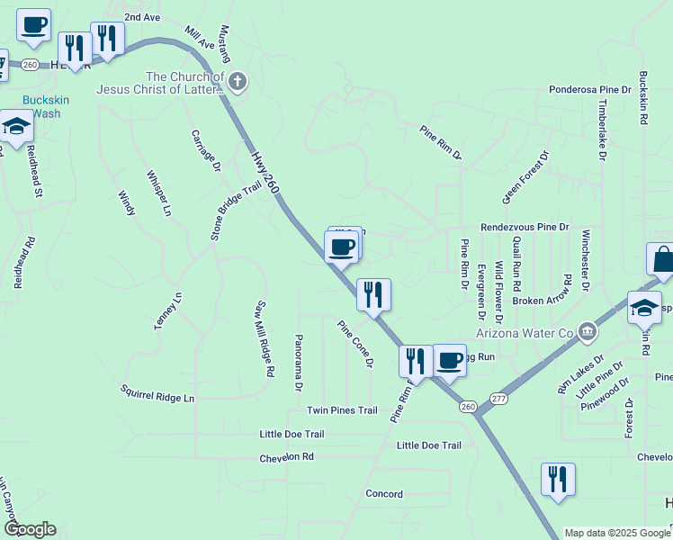 map of restaurants, bars, coffee shops, grocery stores, and more near 1877 Arizona 260 in Heber-Overgaard