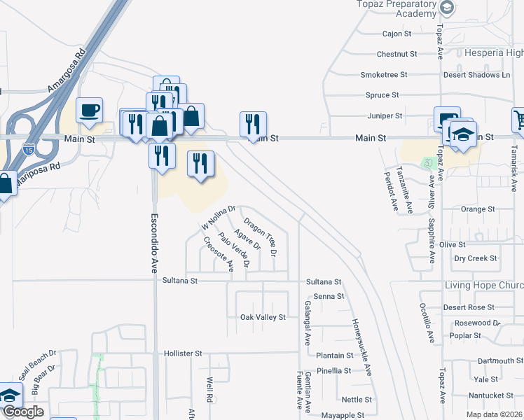 map of restaurants, bars, coffee shops, grocery stores, and more near 13598 West Nolina Drive in Hesperia