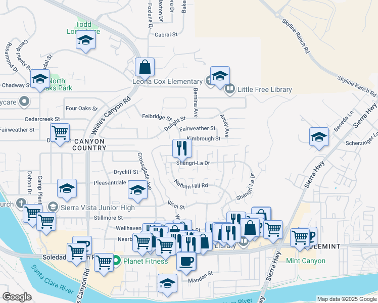 map of restaurants, bars, coffee shops, grocery stores, and more near 27705 Mahogany Row in Santa Clarita