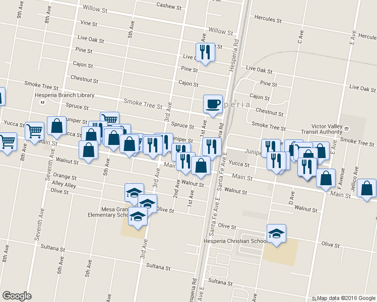 map of restaurants, bars, coffee shops, grocery stores, and more near 16446 Yucca Street in Hesperia