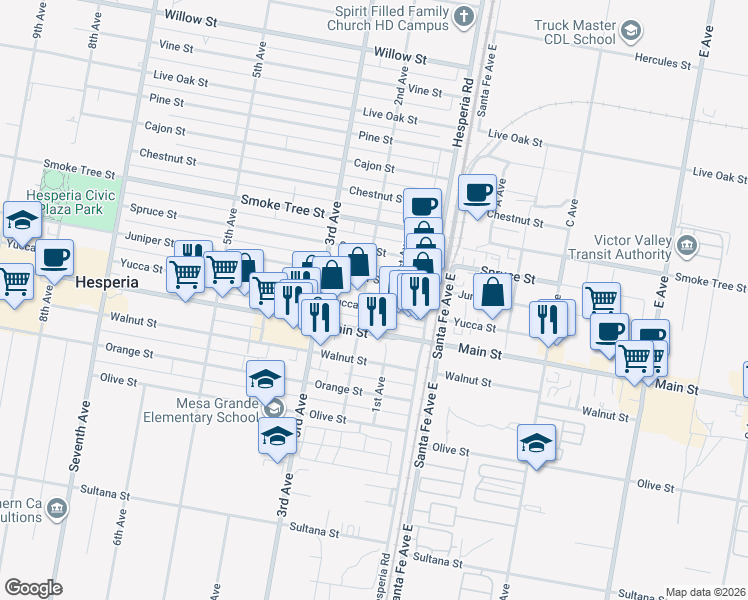 map of restaurants, bars, coffee shops, grocery stores, and more near 16446 Yucca Street in Hesperia