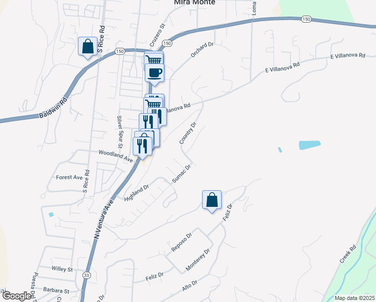 map of restaurants, bars, coffee shops, grocery stores, and more near 782 Country Drive in Ojai