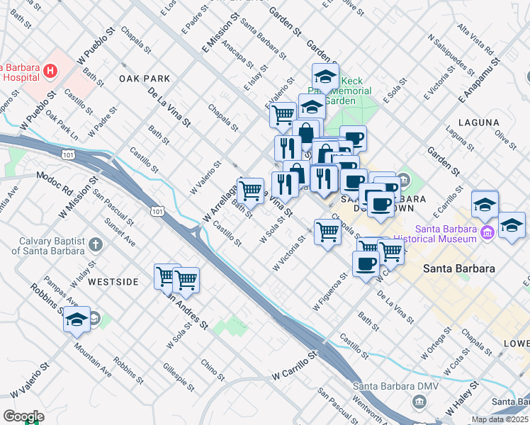 map of restaurants, bars, coffee shops, grocery stores, and more near 1429 De La Vina Street in Santa Barbara