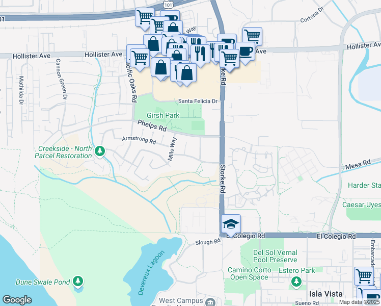 map of restaurants, bars, coffee shops, grocery stores, and more near 470 Linfield Place in Goleta