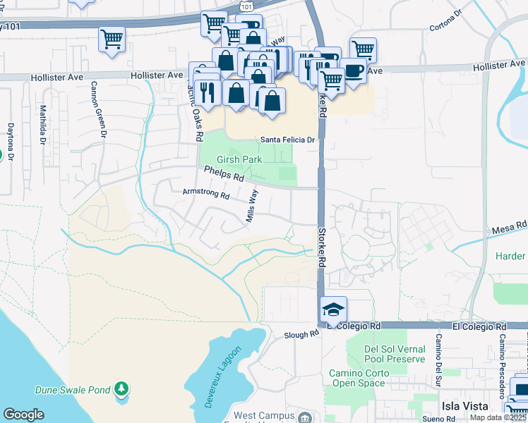 map of restaurants, bars, coffee shops, grocery stores, and more near 470 Linfield Place in Goleta