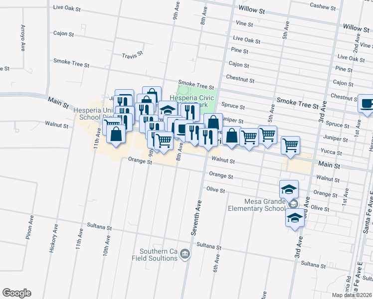 map of restaurants, bars, coffee shops, grocery stores, and more near 15885 Main Street in Hesperia