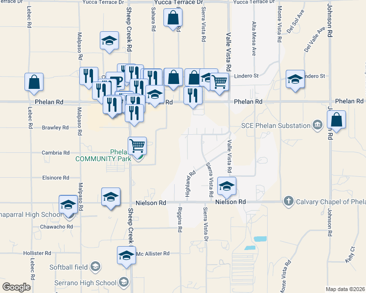 map of restaurants, bars, coffee shops, grocery stores, and more near 9574 Riggins Road in Phelan