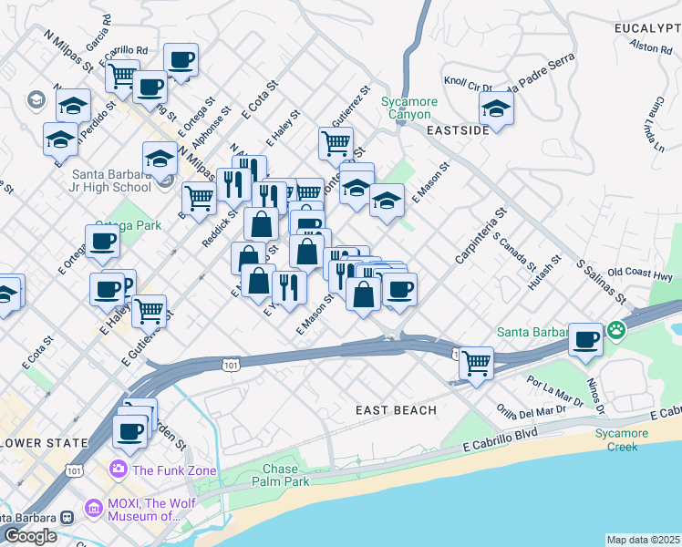 map of restaurants, bars, coffee shops, grocery stores, and more near 121 Juana Maria Street in Santa Barbara
