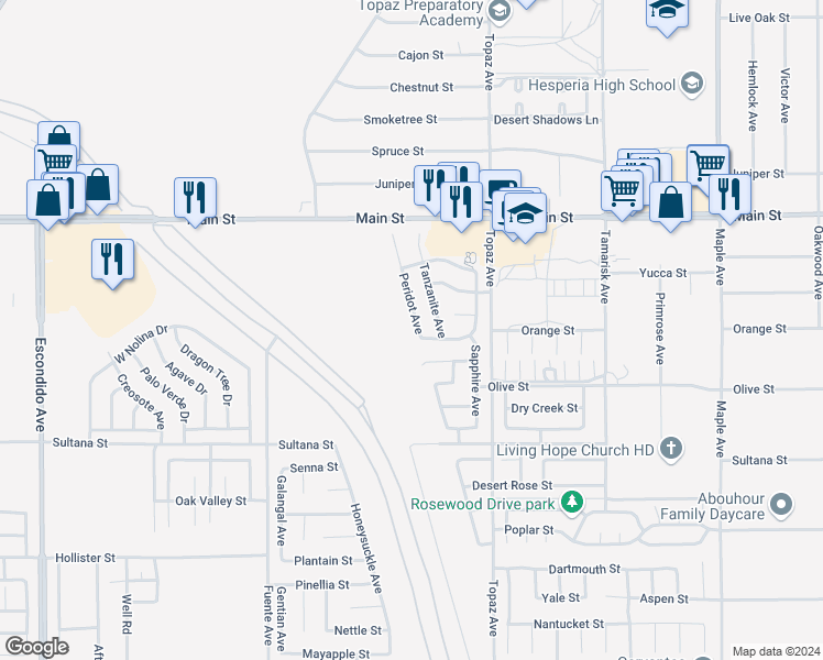 map of restaurants, bars, coffee shops, grocery stores, and more near 9506 Peridot Avenue in Hesperia