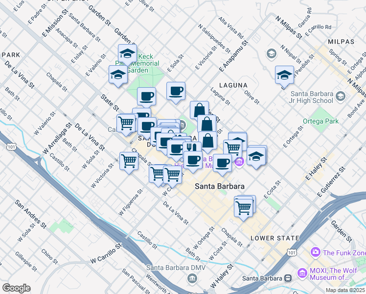 map of restaurants, bars, coffee shops, grocery stores, and more near 1036 Anacapa Street in Santa Barbara