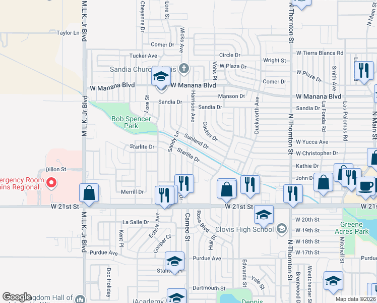 map of restaurants, bars, coffee shops, grocery stores, and more near 317 Sunland Drive in Clovis