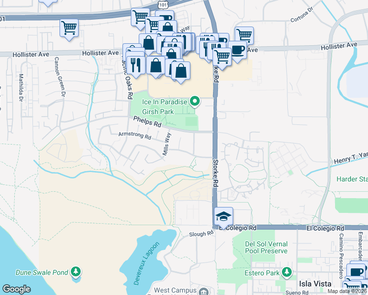 map of restaurants, bars, coffee shops, grocery stores, and more near 6960 Whittier Drive in Goleta