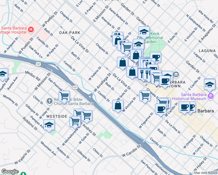 map of restaurants, bars, coffee shops, grocery stores, and more near 1511 Bath Street in Santa Barbara