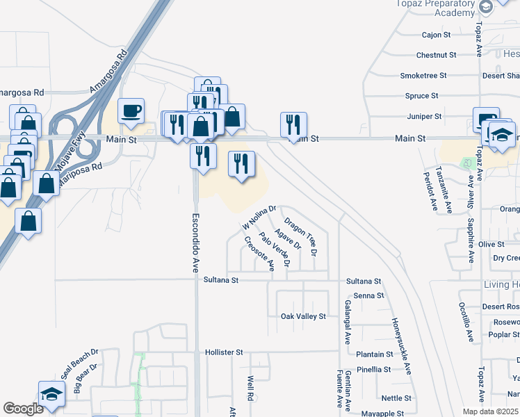 map of restaurants, bars, coffee shops, grocery stores, and more near 13478 West Nolina Drive in Hesperia
