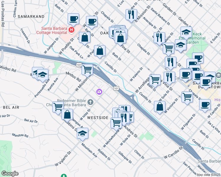 map of restaurants, bars, coffee shops, grocery stores, and more near 1735 Thomas Avenue in Santa Barbara