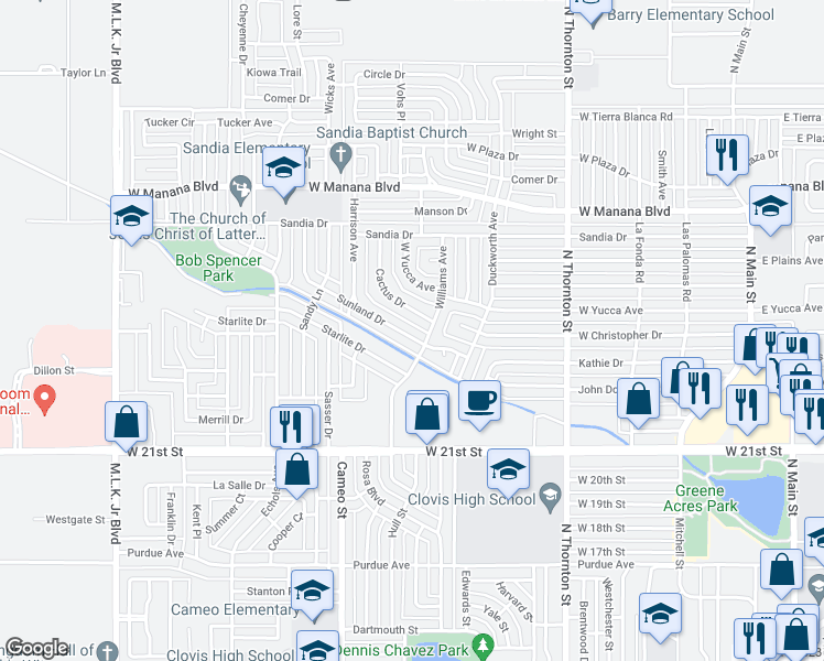 map of restaurants, bars, coffee shops, grocery stores, and more near 208 Sunland Drive in Clovis
