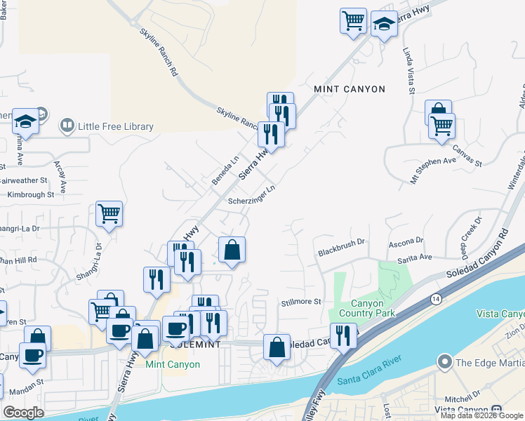 map of restaurants, bars, coffee shops, grocery stores, and more near 17930 Scherzinger Lane in Santa Clarita