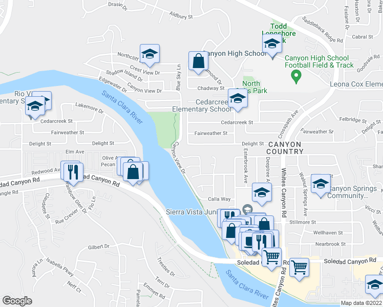 map of restaurants, bars, coffee shops, grocery stores, and more near 19653 Newhouse Street in Santa Clarita