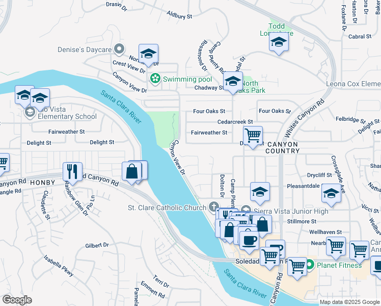 map of restaurants, bars, coffee shops, grocery stores, and more near 19653 Newhouse Street in Santa Clarita