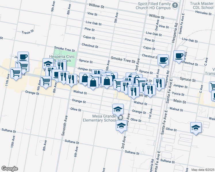 map of restaurants, bars, coffee shops, grocery stores, and more near in Hesperia