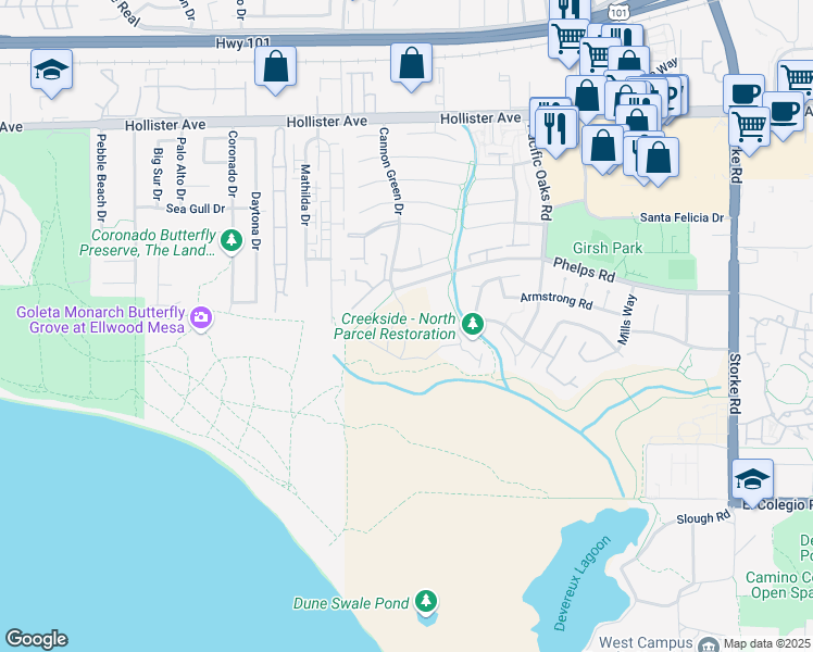 map of restaurants, bars, coffee shops, grocery stores, and more near Ocean Walk Lane in Goleta