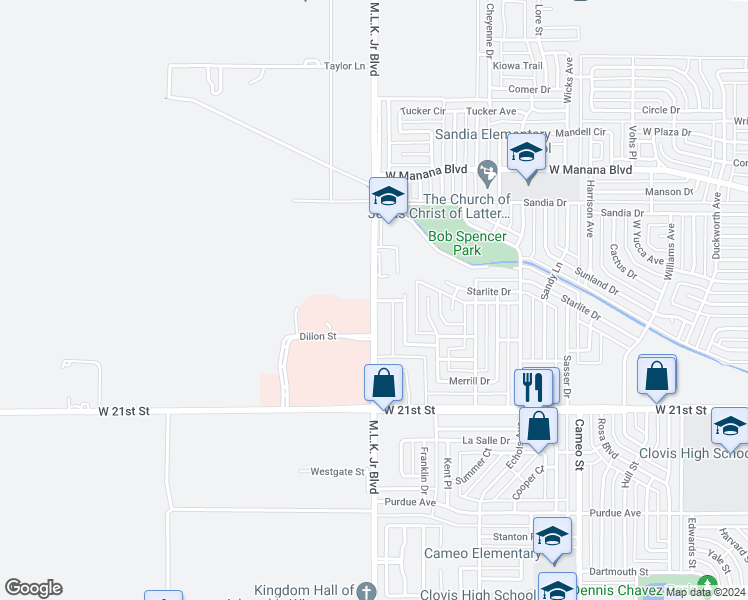 map of restaurants, bars, coffee shops, grocery stores, and more near 2433 Martin Luther King Junior Boulevard in Clovis