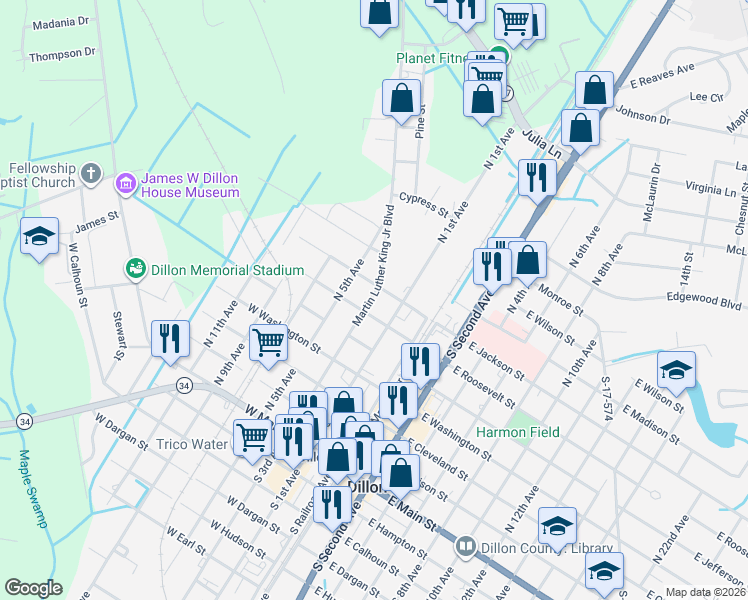 map of restaurants, bars, coffee shops, grocery stores, and more near 611 Martin Luther King Junior Boulevard in Dillon