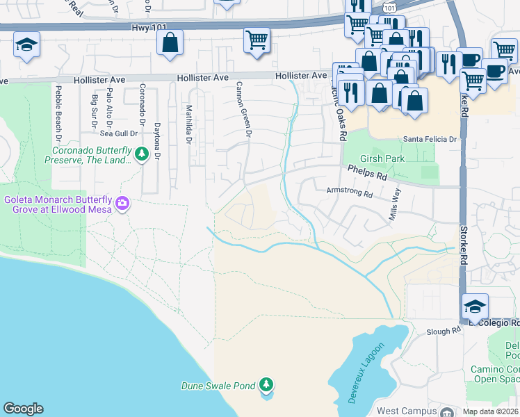 map of restaurants, bars, coffee shops, grocery stores, and more near 310 Ocean Walk Lane in Goleta