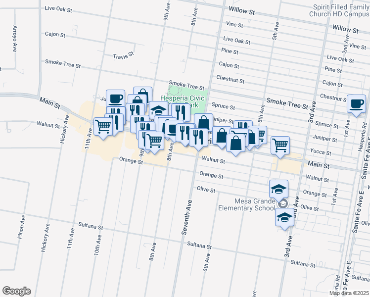 map of restaurants, bars, coffee shops, grocery stores, and more near 15885 Main Street in Hesperia