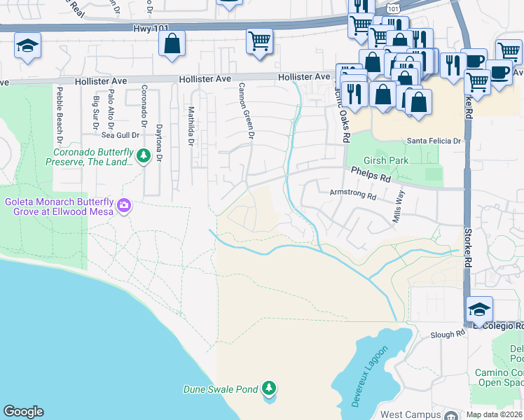 map of restaurants, bars, coffee shops, grocery stores, and more near 310 Ocean Walk Lane in Goleta
