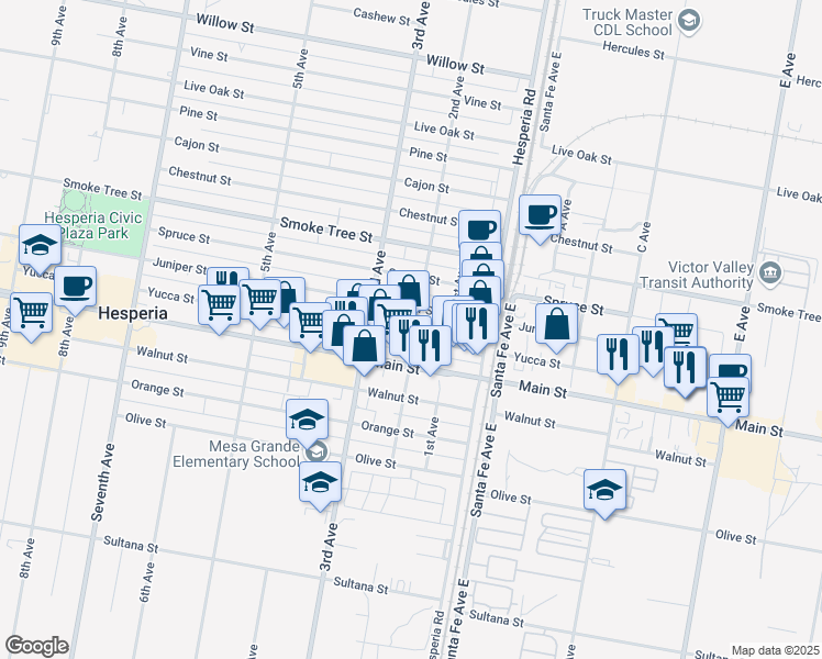 map of restaurants, bars, coffee shops, grocery stores, and more near 16412 Yucca Street in Hesperia