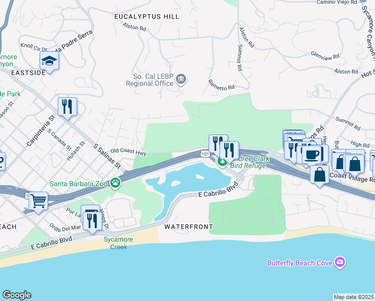 map of restaurants, bars, coffee shops, grocery stores, and more near 652 Old Coast Highway in Santa Barbara