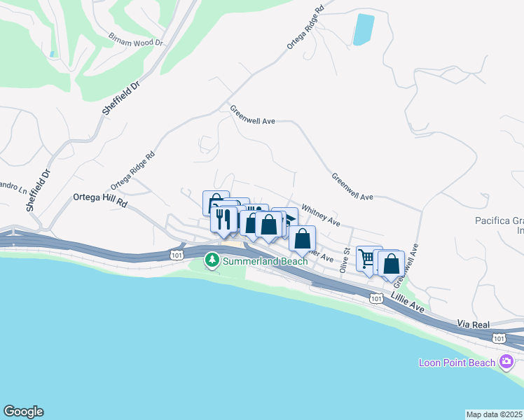 map of restaurants, bars, coffee shops, grocery stores, and more near 2305 Golden Gate Avenue in Summerland