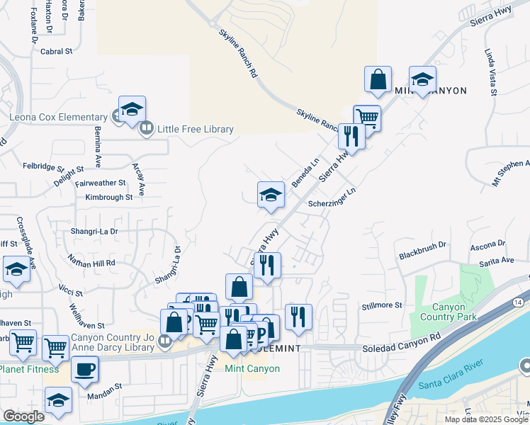 map of restaurants, bars, coffee shops, grocery stores, and more near 18071 Beneda Lane in Santa Clarita