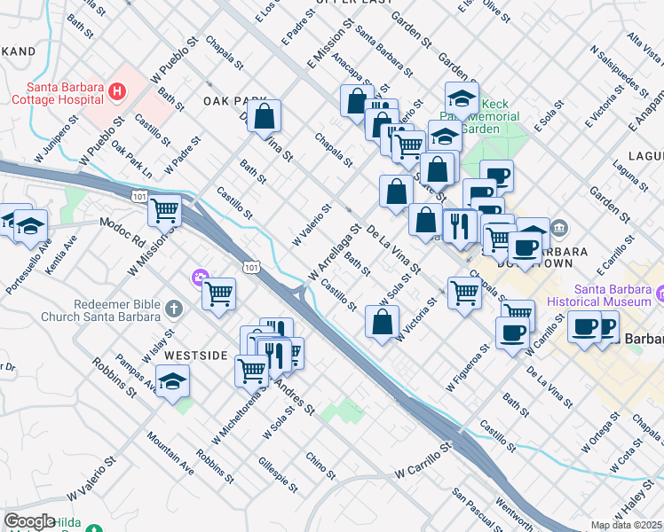 map of restaurants, bars, coffee shops, grocery stores, and more near in Santa Barbara