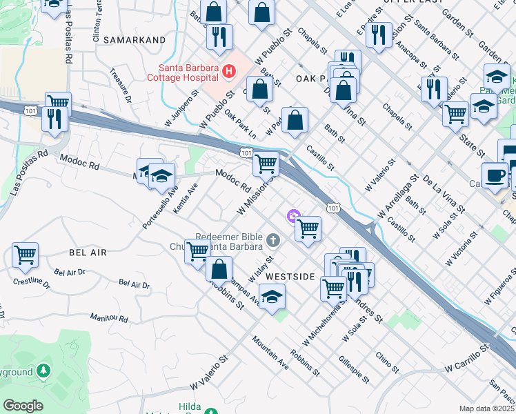 map of restaurants, bars, coffee shops, grocery stores, and more near in Santa Barbara