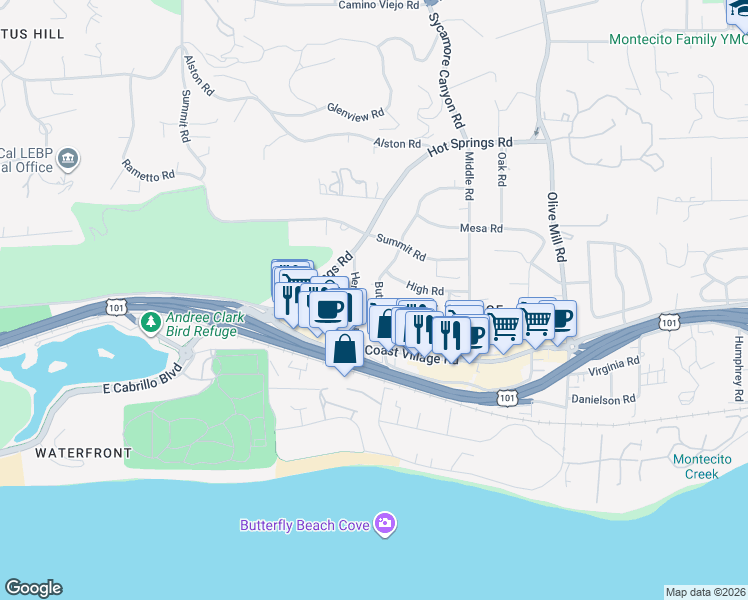 map of restaurants, bars, coffee shops, grocery stores, and more near 145 Butterfly Lane in Montecito