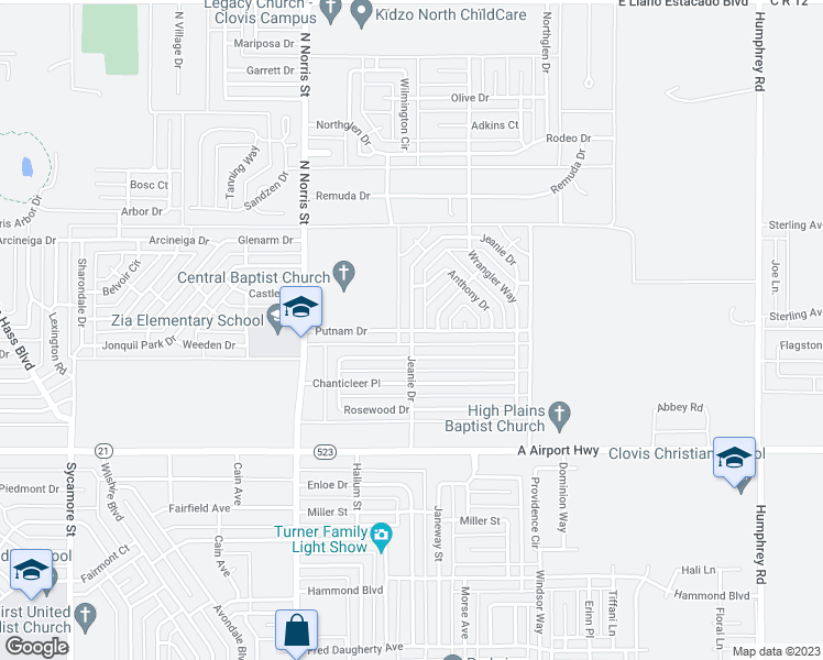 map of restaurants, bars, coffee shops, grocery stores, and more near 2530 Putnam Drive in Clovis