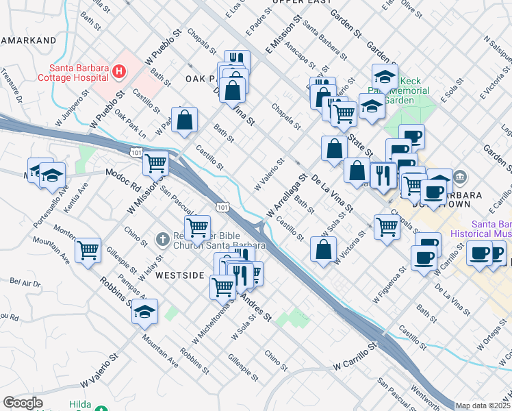 map of restaurants, bars, coffee shops, grocery stores, and more near 1621 Castillo Street in Santa Barbara
