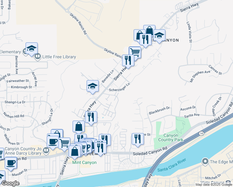 map of restaurants, bars, coffee shops, grocery stores, and more near 28010 Tiffany Lane in Santa Clarita