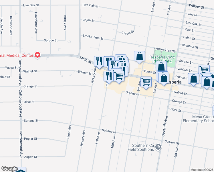 map of restaurants, bars, coffee shops, grocery stores, and more near 11th Avenue in Hesperia