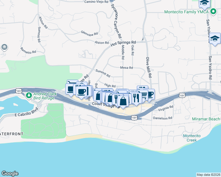 map of restaurants, bars, coffee shops, grocery stores, and more near 1153 High Road in Montecito
