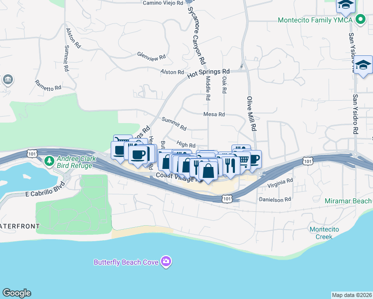 map of restaurants, bars, coffee shops, grocery stores, and more near 1153 High Road in Montecito