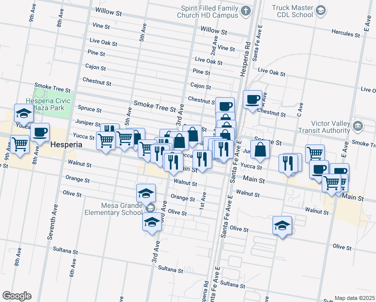 map of restaurants, bars, coffee shops, grocery stores, and more near 16396 Yucca Street in Hesperia