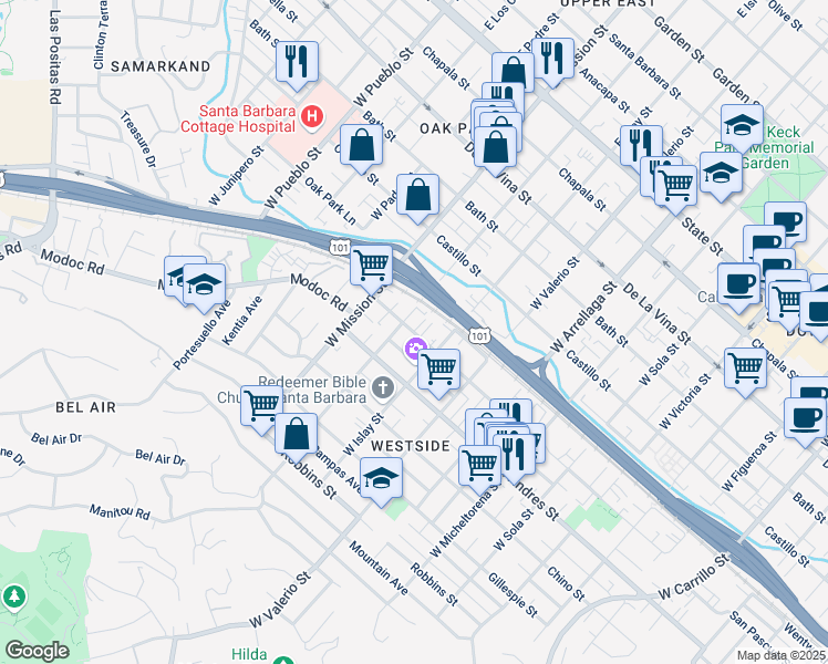 map of restaurants, bars, coffee shops, grocery stores, and more near 1822 San Pascual Street in Santa Barbara
