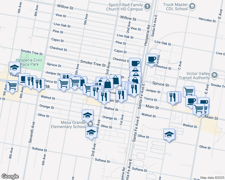map of restaurants, bars, coffee shops, grocery stores, and more near 16396 Yucca Street in Hesperia