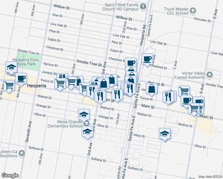 map of restaurants, bars, coffee shops, grocery stores, and more near 16412 Yucca Street in Hesperia