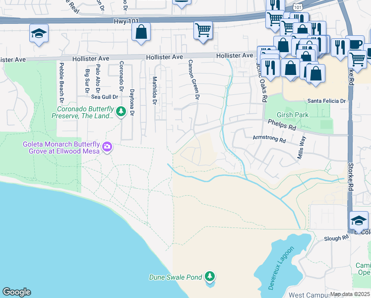 map of restaurants, bars, coffee shops, grocery stores, and more near 514 Coral Way in Goleta
