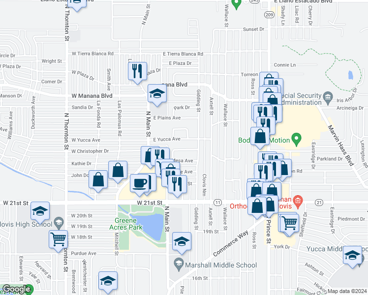 map of restaurants, bars, coffee shops, grocery stores, and more near 120 Highland Drive in Clovis