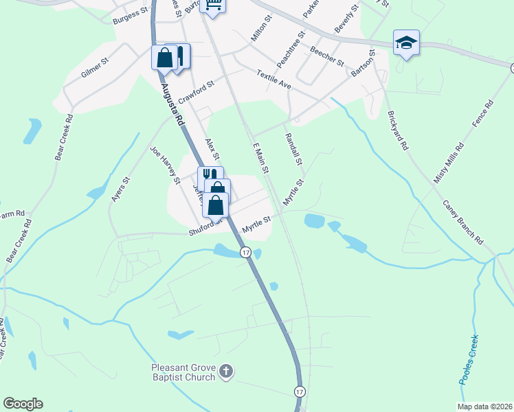 map of restaurants, bars, coffee shops, grocery stores, and more near 88 Shuford Street in Lavonia
